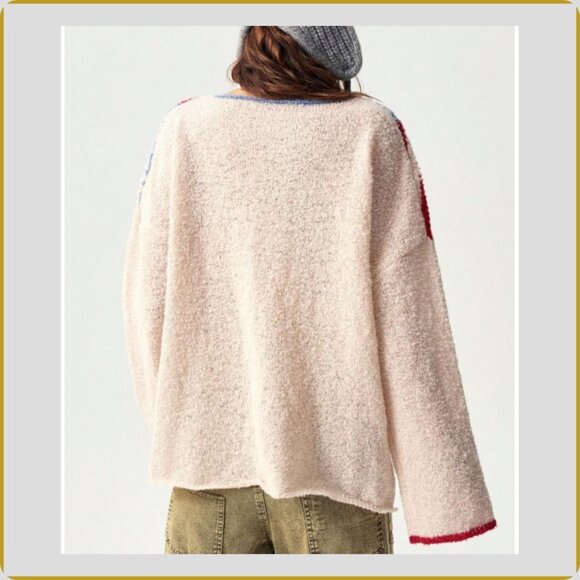 Cozy Patchwork Knit Sweater – Red & Blue Americana Pattern – Size M - Picture 7 of 10